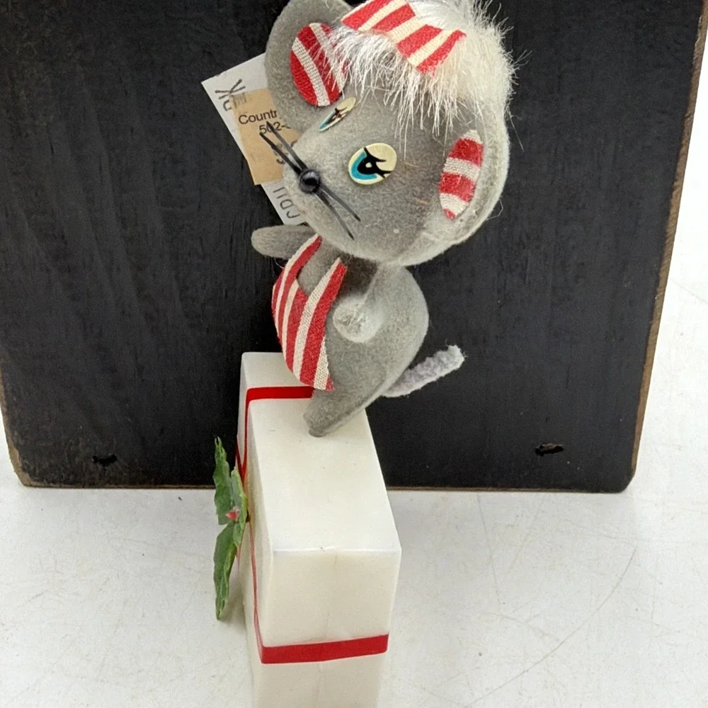 Vintage Flocked Mouse Mice MCM Kitschy Ornament Package Tie